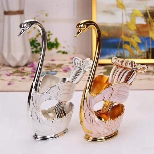 Miniatura 6 de Juego de cucharas de postre de café de metal con soporte, cisne para cucharas, base de cubiertos de frutas, organizador de 6 piezas de helado