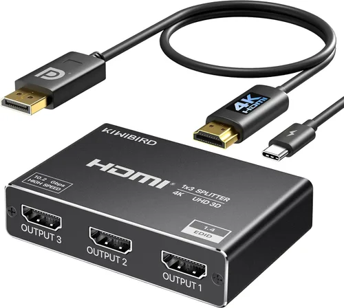 KiWiBiRD Divisor DisplayPort a HDMI 1 en 3 salidas, adaptador de monitor triple 4K DP a HDMI, modo espejo 2160p 1440p 1080p HDCP, compatible con