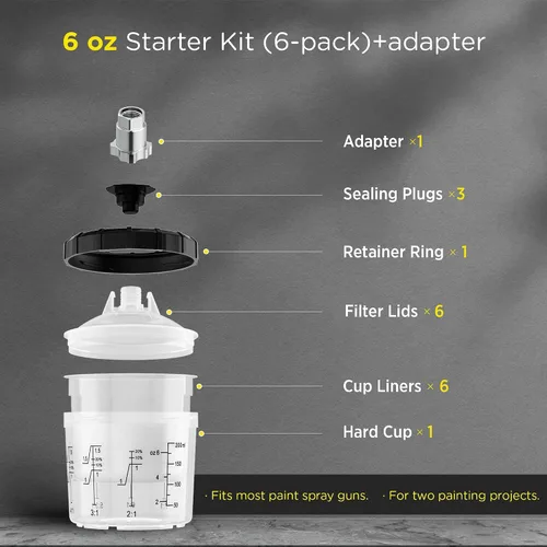 Miniatura 2 de InoKraft Copa para Pistola de Pintura Desechable, Kit Mini de 6 Onzas (180ml) con 6 Copas y Tapas, 1 Copa Rígida con Anillo Retenedor, 3 Tapones