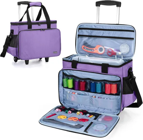LUXJA Estuche para máquina de coser con plataforma desmontable y almohadilla inferior extraíble, bolsa rodante que se adapta a la mayoría de Morado
