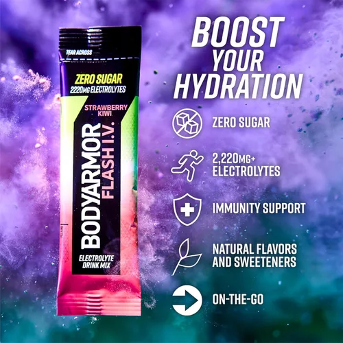 Miniatura 2 de BODYARMOR Flash IV - Paquetes de electrolitos, fresa y kiwi, mezcla de bebida sin azúcar, paquetes de una sola porción, agua de coco en polvo
