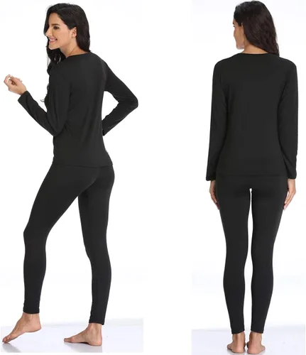 Miniatura 2 de Conjunto de ropa interior térmica para mujer con forro polar ligero ultra suave, juego largo de John que absorbe la humedad, Negro