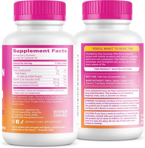 Miniatura 9 de Gomitas de suplemento prenatal de hierro para mujer, 20 mg, 60 unidades de Pink Stork Con vitamina C para absorción, sabor a uva, alivia