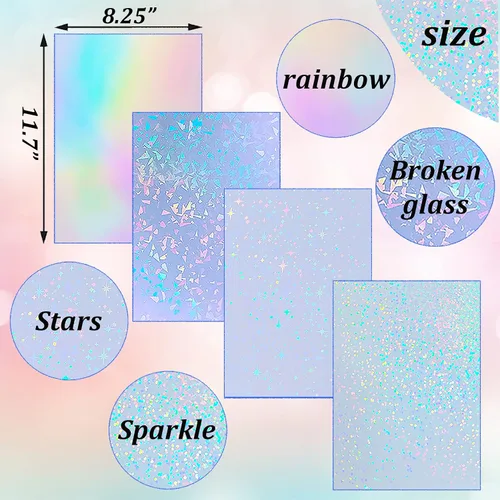 Miniatura 2 de 36 hojas de papel adhesivo holográfico de 8.5 x 11 pulgadas, impermeables, de vinilo transparente, autoadhesivas, con 4 estilos mezclados