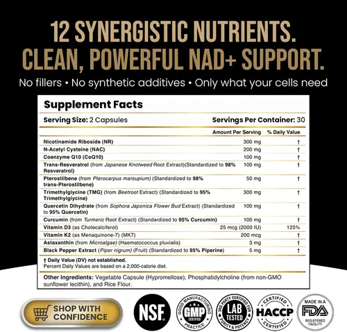 Miniatura 9 de DLNIA Suplemento liposomal NAD+ y alternativa NMN Ribosida de nicotinamida (NR) 1258 mg con resveratrol, quercetina, pterostilbeno