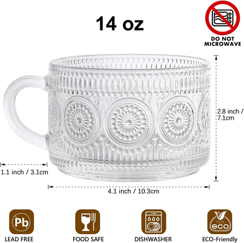 Miniatura 2 de Tazas de té de café vintage, tazas de vidrio de 14 onzas, juego de 2 vasos en relieve con asa, para capuchino, café con leche, cereales, yogur