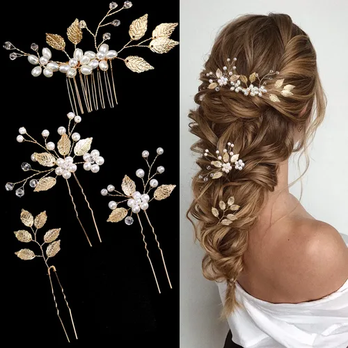 4 Piezas Horquillas para Cabello de Boda Nupcial con Hoja Dorada Perlas de Cristal Pinzas para Cabello Tocado de Flores Vintage Accesorios para