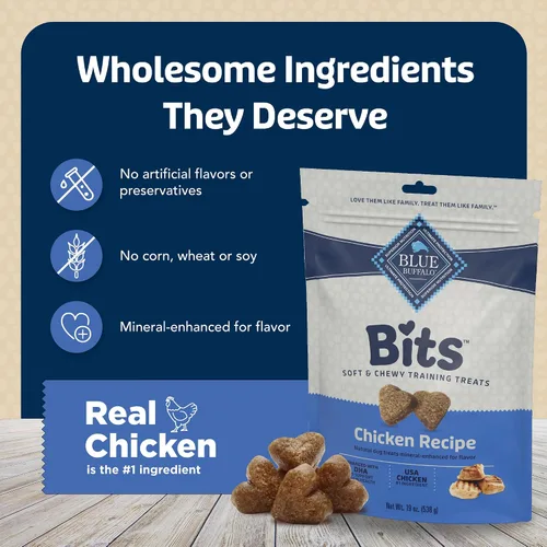 Miniatura 7 de Blue Buffalo Bits Golosinas suaves para entrenamiento para perros, hechas con ingredientes naturales y mejoradas con DHA, receta de pollo, bolsa