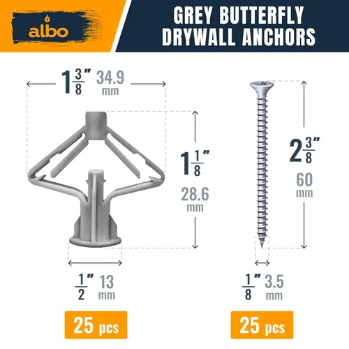 Miniatura 3 de Kit de anclaje para paneles de yeso Albo Anclajes de pared huecos con tornillos 50 piezas. (Anclaje gris 25 piezas + tornillos 25 piezas) Anclajes
