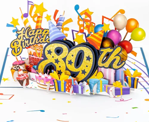 Miniatura 13 de iGifts And Cards Tarjeta desplegable 3D de feliz cumpleaños 87 – Diseño azul con números de purpurina, globos, pasteles y regalos – Tarjeta