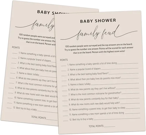 Miniatura 5 de Family Feud - Juego de baby shower, paquete de 30 tarjetas, clave de respuestas, decoraciones de género neutro, suministros de juego