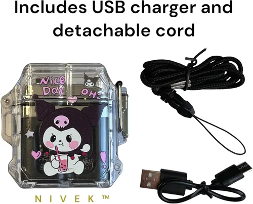 Miniatura 3 de NIVEK Kuromi - Encendedor de carga USB transparente de doble arco, impermeable, recargable, luz de gatito KT, melodía de gato, japonés, kawaii