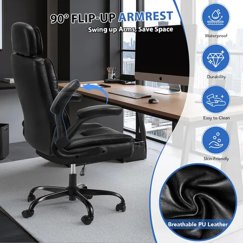 Miniatura 6 de Cómoda silla de oficina con reposacabezas ajustable, silla de escritorio ejecutiva de cuero con soporte lumbar, función mecedora, silla ergonómica
