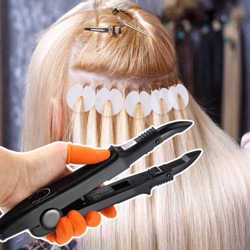 Miniatura 4 de Kit de extensión de cabello de queratina: plancha térmica, gránulos de pegamento de queratina, plantillas protectoras, pinzas para el cabello y Negro