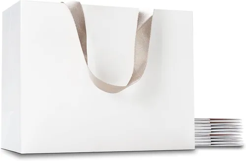 Miniatura 34 de Bolsas de regalo blancas con asas, 10 bolsas pequeñas de papel blanco de 5.25 x 3.75 x 8 pulgadas con asas de cinta, bolsa de compras de papel kraft