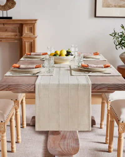 Miniatura 2 de ZeeMart Camino de mesa de lino a cuadros, 13 x 36 pulgadas, beige, tejido texturizado, camino de mesa de granja de 36 pulgadas de largo, bufanda