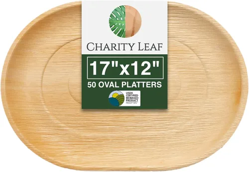 Charity Leaf Bandejas desechables de hoja de palma de 17 x 12 pulgadas (50 piezas) platos de bambú para servir, tableros desechables, vajilla