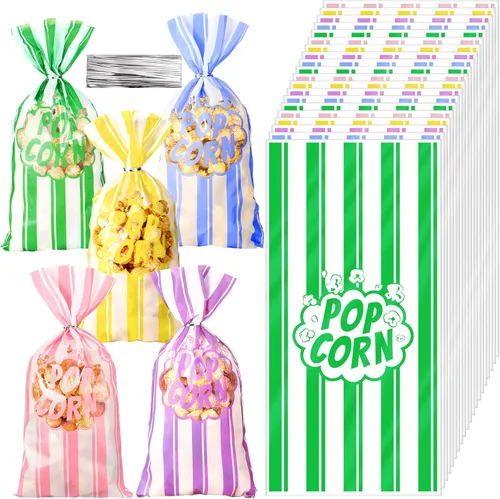 200 bolsas de palomitas de maíz, bolsas de plástico para máquina de palomitas de maíz, recipientes de maíz con lazos giratorios para carnaval, Pastel