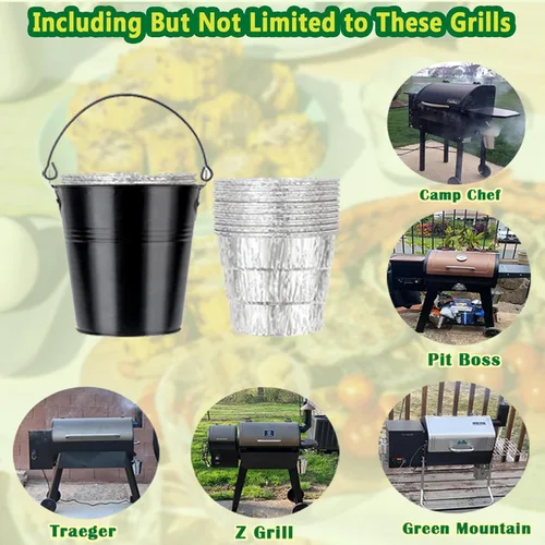 Miniatura 2 de Cubo de grasa para ahumador de pellets con paquete de 20 forros desechables de papel de aluminio para Traeger, Oklahoma Joe's, Pit-Boss, Camp Chef