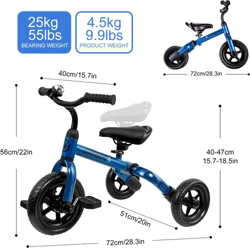 Miniatura 7 de YGJT Triciclo 3 en 1 para niños de 2 a 5 años, bicicletas de equilibrio plegables para niños con asiento ajustable y pedal extraíble, juguetes