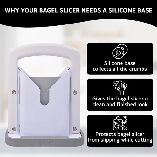 Miniatura 3 de Cortador de bagel ISOKO - Cortador de bagel de acero inoxidable de alta calidad, con guillotina suave y base de silicona antideslizante para Blanco