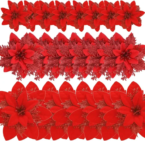 Miniatura 18 de GREENTIME 12 flores de pascua artificiales con purpurina de 5.5 pulgadas, tallos de Navidad, adornos para árbol de Navidad para fiesta de Año Nuevo