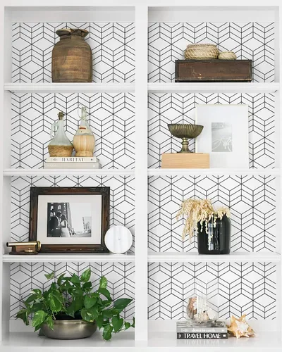 Miniatura 3 de Papel tapiz geométrico hexagonal para despegar y pegar, papel de contacto geométrico para gabinetes, papel tapiz blanco y negro para baño