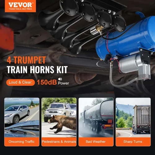 Miniatura 2 de VEVOR Kit de 4 Bocinas de Aire de Trompeta, 150dB Bocinas de Tren para Camionetas Pickup, Compresor de Aire de 12V 120 psi Tanque de 1.6 Gal/6 L