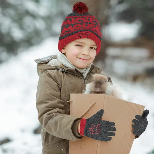 Miniatura 4 de Mickey Mouse - Juego de 2 piezas de sombrero y guantes de nieve para niños y niños, gorro cálido con pompones y bonitos guantes rojos