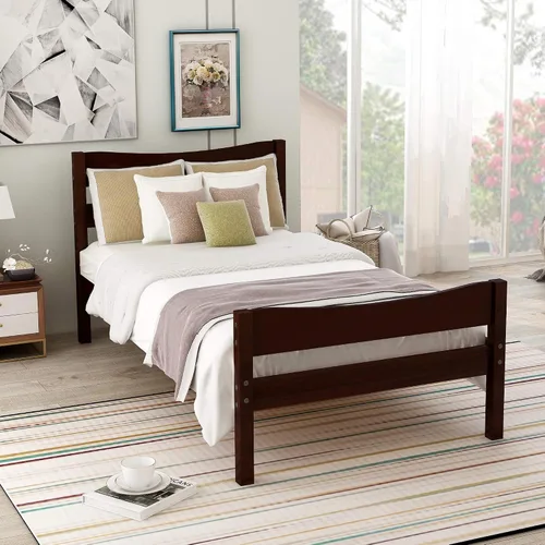 Miniatura 3 de Anwick Base de cama individual de madera con cabecero y estribo, base de colchón de plataforma con soporte de listones de madera para niños, Espresso