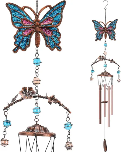 Campanillas de viento de mariposa – Campanillas de viento para exterior de tono profundo de 34 pulgadas, 5 tubos de aluminio, regalos de mariposa de