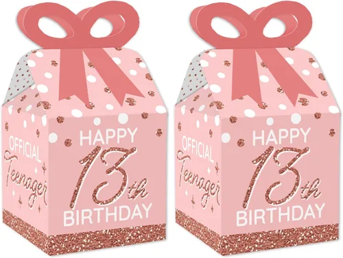 Miniatura 12 de Big Dot of Happiness 13º cumpleaños rosa oro rosa – Cajas de regalo cuadradas – Cajas de lazo para fiesta de feliz cumpleaños – Juego de 12