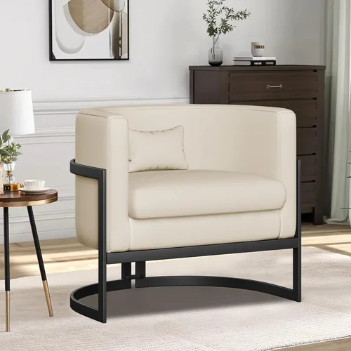 Miniatura 4 de Silla Tapizada Moderna para Sala de Estar, Sillas de Acento Tipo Barril, Sillón de Cuero Sintético, Silla de Salón de Mediados de Siglo, Silla Beige