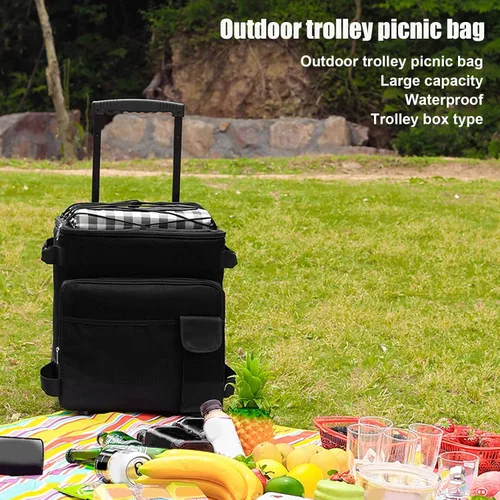Miniatura 2 de Bolsa enfriadora con ruedas de 43L, caja de refrigeración portátil con ruedas con diseño de doble apertura, tela Oxford, forro de papel de aluminio