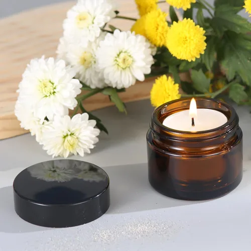 Miniatura 6 de OverNews 48 tarros de vidrio ámbar de 1 oz, recipientes vacíos de loción cosmética, con revestimientos internos, tapa negra, espátula