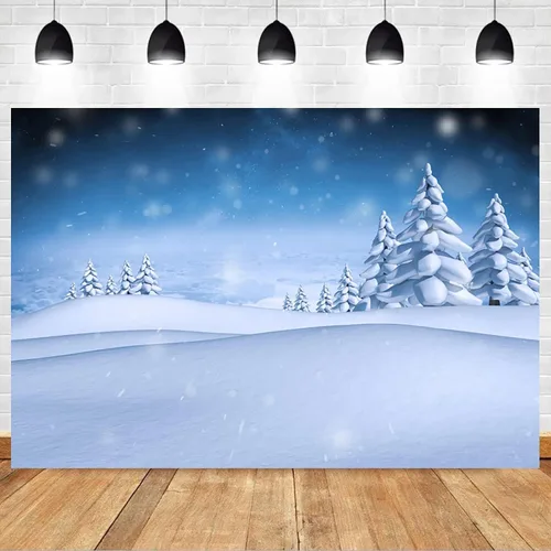 Miniatura 3 de Renaiss Telón de fondo de fotografía de paisaje de campo de nieve de invierno de 5 x 3 pies, fondo de nieve azul con copo de nieve borroso, escena