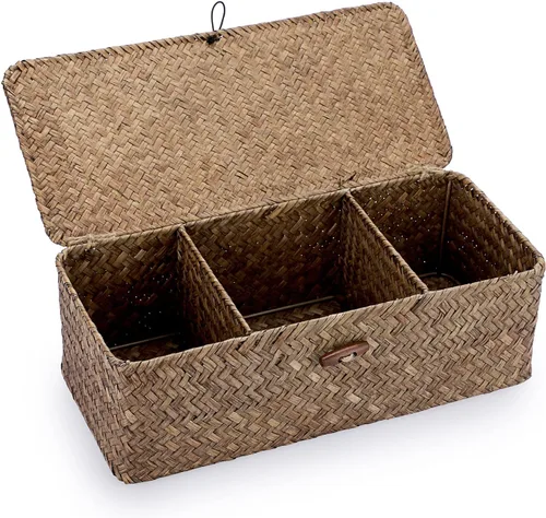Miniatura 14 de Cesta de almacenamiento Hipiwe de seagrass con tapa, cestas de estante tejidas rectangulares para armarios, despensa, baño, estante de cocina