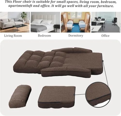 Miniatura 6 de Silla de suelo ajustable para adultos con apoyo trasero, sofá plegable de 5 posiciones con almohada, silla de juegos y meditación con tela