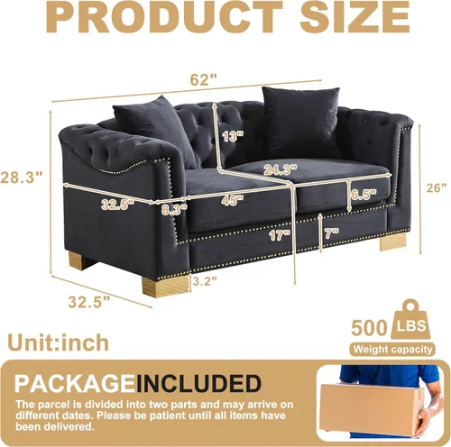Miniatura 2 de Sofá de dos plazas Chesterfield de terciopelo negro de 62 pulgadas, 4 cojines clásico de 6.5 pulgadas, brazo enrollado, sofá moderno adecuado