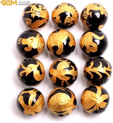 Miniatura 3 de GEM-Inside - Cuentas sueltas de ágata negra natural de 0.472 pulgadas (0.472 in), cuentas redondas de tortuga Xuanwu Zhuque Phonix, Baihu, tigre