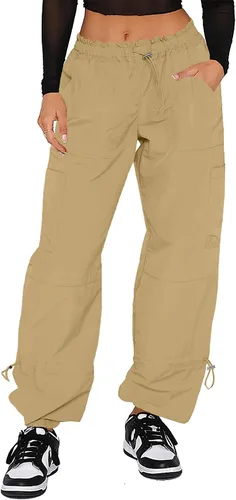 Allytok Pantalones de paracaídas para mujer, pantalones cargo holgados con bolsillos con cordón Y2K Streetwear