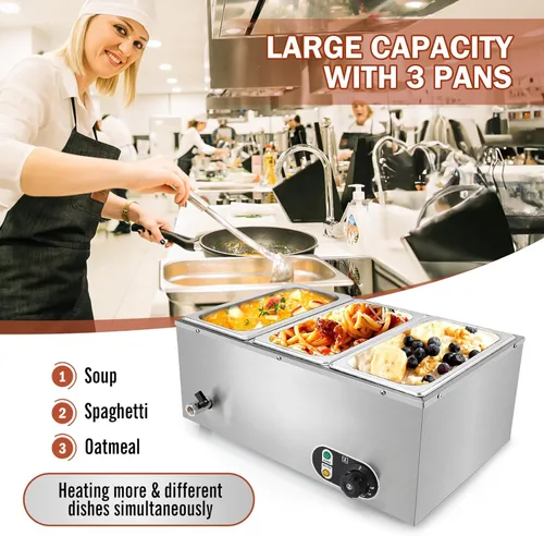 Miniatura 4 de Calentador de alimentos comercial de 3 sartenes, calentador eléctrico de alimentos de acero inoxidable de 1500 W, sartén de mesa de vapor de 6.9