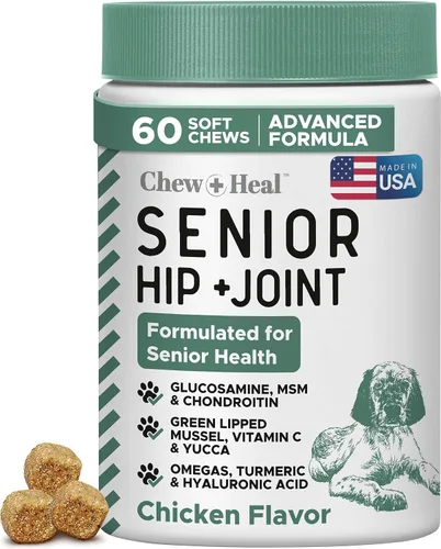 Chew + Heal Labs Suplemento de glucosamina para cadera y articulaciones, 60 perros mayores, masticables suaves para movilidad, fabricados con
