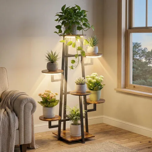 Miniatura 7 de Soporte para plantas de 7 niveles para interiores con luz de cultivo para múltiples plantas Corner Flower Stand, Vintage Multi-Layer Design