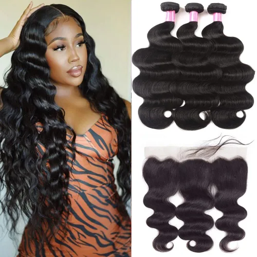 Miniatura 20 de Paquetes de Ondas Corporales con Cierre para Mujeres Negras (10 12 14+10) 100% Cabello Humano Brasileño de Ondas Corporales Sin Procesar 3 Paquetes