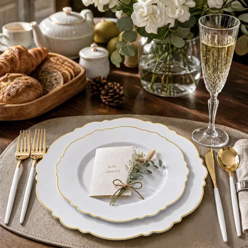 Miniatura 9 de WDF - Vajilla de plástico desechable para 30 invitados platos color oro y cubiertos color oro con mango blanco - Vajilla de plástico barroco blanco