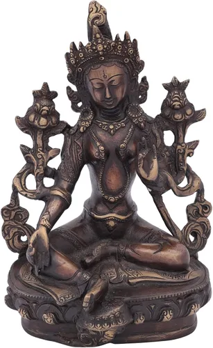 Miniatura 4 de Exotic India Tara verde, quien te salva (deidad budista tibetana) - Estatua de latón - Color increíble color negro verde dorado
