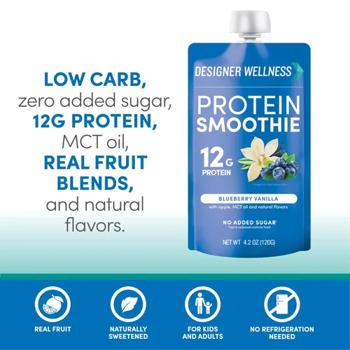 Miniatura 4 de Designer Wellness Batido de proteínas, vainilla de arándanos, 0.44 oz de proteína de suero, aperitivo de batido de fruta real, sin azúcar añadido