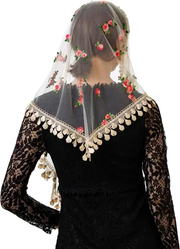 Miniatura 5 de PAMOR Triángulo pequeña flor capilla velos bordados bufanda mantón latino masa cabeza cubierta Mantilla velo para iglesia