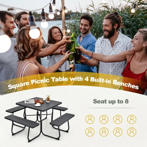 Miniatura 7 de Tangkula Mesa de picnic para 8 personas, mesa de picnic cuadrada al aire libre con 4 bancos integrados, agujero para paraguas, marco de metal y mesa